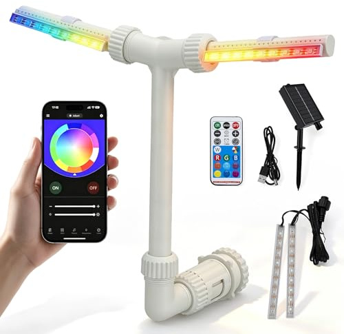 Pool Wasserfall mit LED Licht, Solar-Poolbrunnen mit 17 Beleuchtungsmodi, Fernbedienung & App, Dual Kopf 360° Verstellbar, Pool Fontäne für Entspannung & Parties, Aufstell- & Einbaupools
