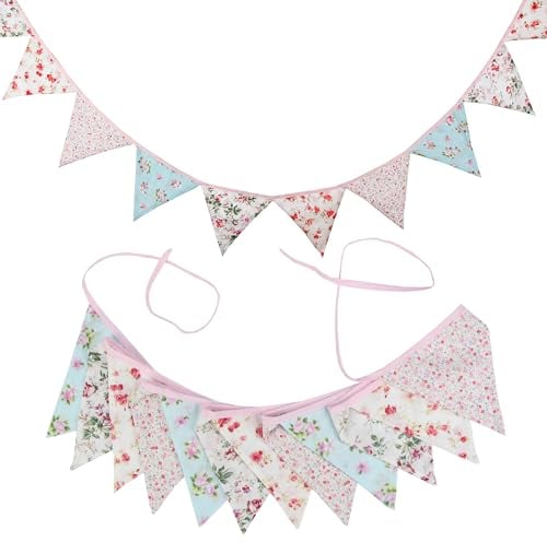 G2PLUS Floral Bunting banner, 10.8 Feet Vintage Cloth Shabby Chic Flag Garlands, 12PCS Double Sided Fabric Triangle Pennants for Vintage Themed Wedding Afternoon Tea Garden Party