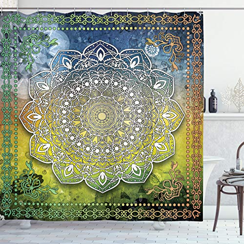 ABAKUHAUS Ethnisch Duschvorhang, Asiatische Mandala Zen Boho, mit 12 Ringe Set Stielvoll Modern, 175x200 cm, Grün Mehrfarbig