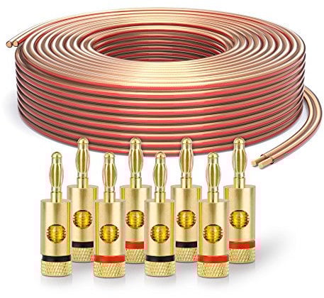 PureLink SP060-020 Câble d'enceinte 2x2,5mm² (99,9% OFC cuivre massif 0,20 mm) Câble de haut-parleur Hifi, 20m, transparent, Set comprenant 8 fiches bananes