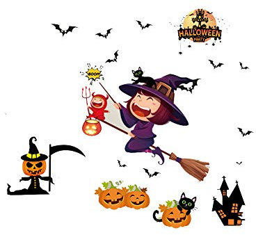Wall Sticker Decal of Happy Little Witch on Broom with Pumpkin and Bats for Halloween Party Decoration