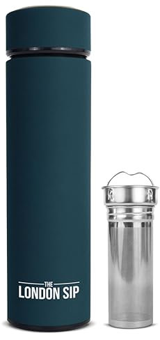 Multi-Purpose Travel Mug and Tumbler | Tea Infuser Water Bottle | Fruit Infused Flask | Hot & Cold Double Wall Stainless Steel Thermos | Extra Long Infuser | by Here & Now Supply Co. (Midnight Teal)