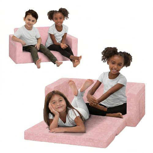 Delta Children - Serta Perfect Sleeper Kids 2-Seater Sofa, Convertible 2-in-1 Flip Open Toddler Couch Sleeper, Foam Chair for Playroom & Bedroom, Bed Lounger, Comfy Play Sleeping Lounge Chair, Pink