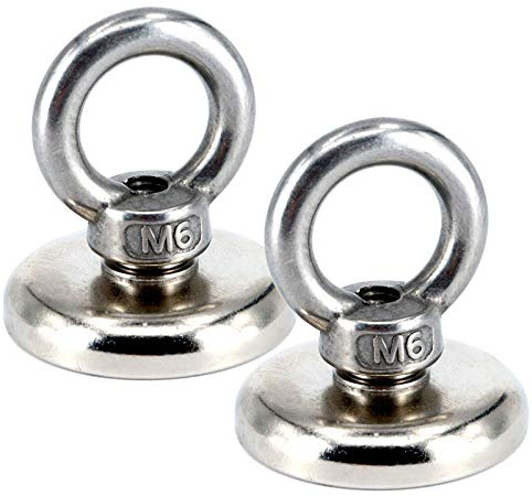 2 x Neodym Magnete Extra Stark Rund Mit Öse | Topfmagnet Mit Bohrung Senkung | Ösenmagnet mit Gewinde Öse zum Festschrauben | Bergemagnet Magnetangeln | 36mm - 30KG