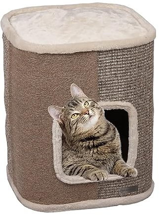 Flamingo kratztonne für Katzen George S – 40 x 40 x 49 cm – Sisal & Plüsch – mit Liegeplatz und Höhle