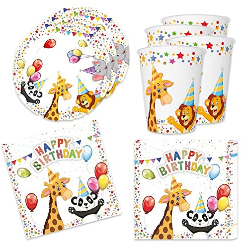 36-teiliges Tischdeko-Set Tierischer Geburtstag mit Löwe, Giraffe und Panda für Kinder zum Geburtstag - 8 Teller, 8 Becher, 20 Servietten 33x33cm