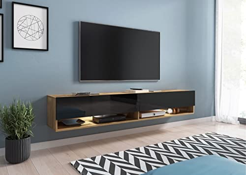 MINIO go for it - Armoire TV Lowboard Anne I 180x30x33 cm I avec Portes et Niches Ouvertes I Panneau de Particules Stratifié I Fonctionnel I Noir Brillant et Chêne Wotan - Éclairage LED