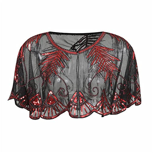 GIBZ Pailletten Schal und Wraps für Damen Elegantes Abend Cape Weiche Strickjacke 1920er Vintage Stola, Schwarz Rot