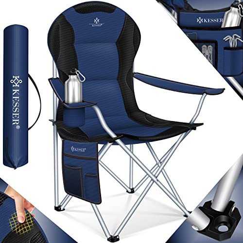 KESSER® Campingstuhl faltbar bis 150 kg Angelstuhl Faltstuhl Klappstuhl Gepolstert mit Armlehnen, hohe Rückenlehne Strandstuhl, Klapphocker inkl. Campinglicht Getränkehalter Tasche & Becher Navyblau