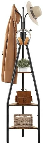 Hoctieon Porte manteau à 3 niveaux autonome avec crochets, arbre à manteaux industriel autoportant, porte-manteaux moderne autoportant avec étagère, porte-manteau avec rangement pour vêtements, noir