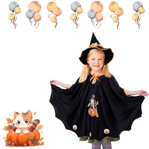 Aoiuenok Halloween Kostüm Kinder, Halloween Fledermaus Umhang mit Hut, Kinder Halloween Kostüm Fledermaus Umhang, mit Hut und Kürbis-Muster, für 90-150cm Jungen Mädchen Halloween Cosplay Party