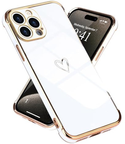 Micoden for iPhone 15 Pro Max Case Cute Girls Silicone Heart Pattern Design Cases Fashion Plating Edge Ultra Thin Shockproof Protective Bumper Phone Case for iPhone 15 Pro Max White