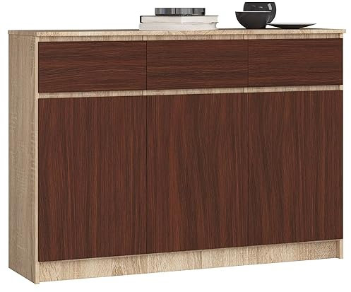 AKORD Commode K 140 cm 3 Tiroirs et 3 Portes pour Le Salon| Chambre | Armoire Salon Design Moderne Fonctionnel Panneau Stratifié 16mm | Couleur Sonoma/Wengé