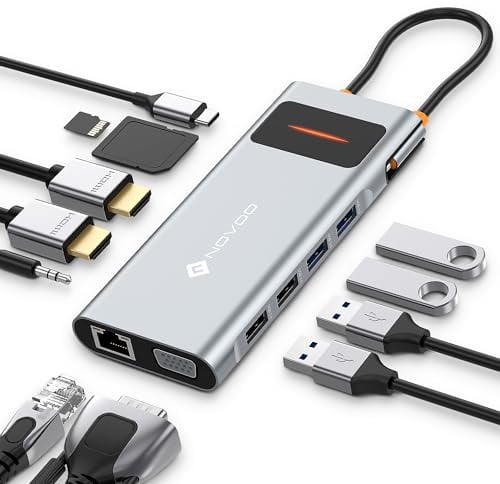 NOVOO Docking Station avec Double Moniteur, 12-en-1 Station d'accueil USB C vers Dual HDMI, VGA, 100W PD, Ethernet RJ45, 4 USB, SD/TF Hub USBC pour MacBook Pro Air Dell Lenovo