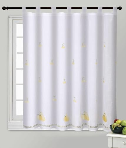 MERCURY TEXTIL- Cortinas de Cocina Translucidas Blancas con Dibujos Bordados de 140x140cm, Pack de 2 Visillos con Trabillas, Cortina para Cocina y Sala de Estar, Cortinas de Media Altura. (Pera)