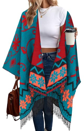 Breezy Lane Damen Poncho Schal Retro-Stil Bedruckt Umhang Übergroße Decke Cardigans für Herbst und Winter