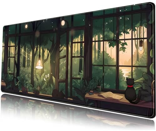 Cute Lofi Green Plants Mouse Pad - Large Black Cat Aesthetic Kawaii Anime Extended Gaming Mousepad XL Laptop Keyboard Mat - 31.5x11.8 Cute Office Desk Decor