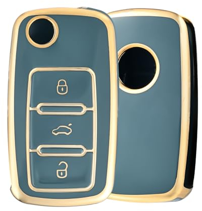 OFF WE GO Autoschlüssel Hülle Schlüsselhülle Cover für VW Volkswagen Golf 4 5 6 Polo Tiguan Passat Beetle Touran Skoda Seat Ibiza4 Altea Leon TPU Schlüsselcover Schlüssel Schutz Gehäuse, Blau Gold