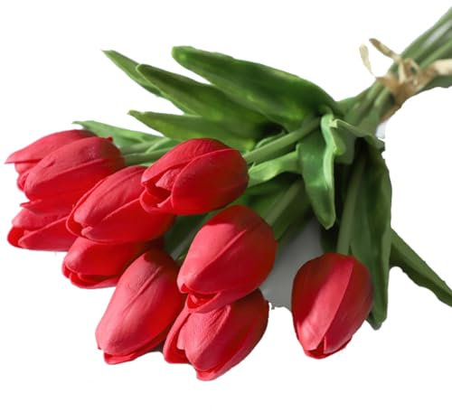Wisafory 10 Stück Künstliche Tulpen Blumenstrauß aus Latex Real Touch Gefälschte Blume Kunstblumen Tulpenstrauß Wie Echt Blumengesteck für DIY Home Party Hochzeitsstrauß Garten Deko Rot