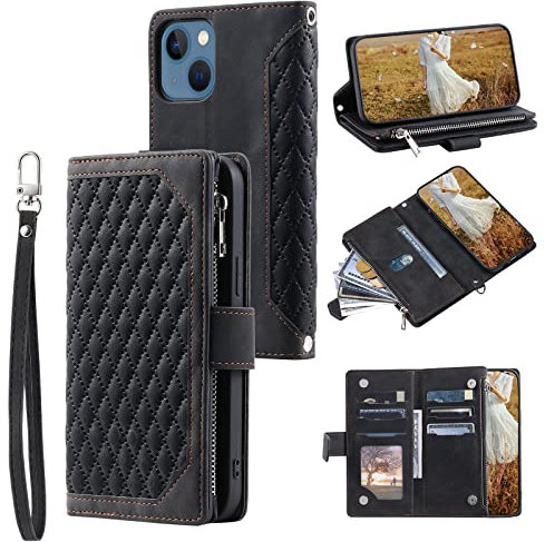 QLTYPRI Wallet Case for iPhone 14(6.1 inch),Luxury Quilted PU Leather Wallet Case with Card Slots for Women,Magnetic Zipper Purse Case with Wrist Strap Kickstand Shockproof Flip Cover-Black