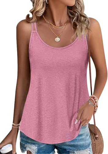 PLOKNRD Damen Tank Top Sommer Spaghetti Oberteile Ärmellose Rundhalsausschnitt Shirt Blusen Tops Rosa L