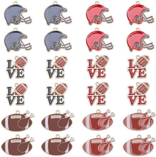 SUNNYCLUE 1 Box 24 Stück 6 Stile Rugby Anhänger Sport Anhänger Großpackung Legierung Metall Emaille Wort „Love“ American Football Sport Anhänger Zur Schmuckherstellung Charms Zubehör DIY Handwerk Hals