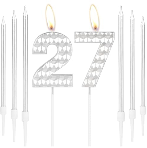 Silver 27th Birthday Decorations - Girls & Boys Birthday Number 27 Candles, Cake Toppers for Women, Men, Parties & Anniversaries