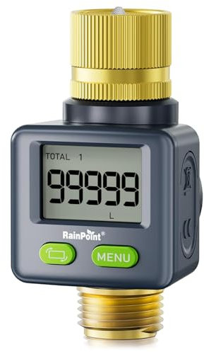 RAINPOINT Contatore dell'acqua con ingresso e uscita in ottone, 4 modalità per controllare il consumo di acqua, contatore per dispositivo di consumo, misuratore di flusso digitale girevole a 180°