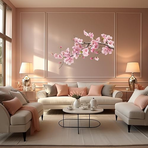 Adhesivo de pared con rama de árbol de cerezo rosa, adhesivo de esquina de vinilo sereno para guardería, 134 x 87 / derecha