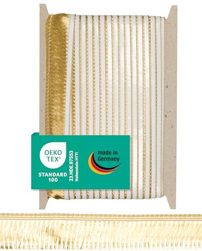 Halbach Seidenbänder Premium Fransenborte selbstklebend | Breite 40mm Länge 25m | Öko-Tex 100 zertifizierte Fransen | Borte Made in Germany, Farbe: hellgold