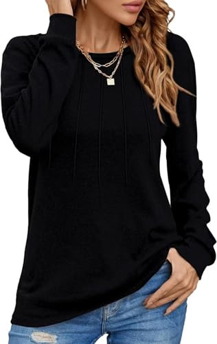 Damen Pullover Lässig Langarmshirt Elegant Herbst Winter Rundhals Sweatshirt Langarm Shirts Loose Plissee Oberteile Schwarz XXL