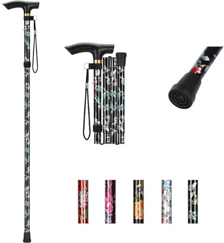 YF Bastón Plegable para Mujeres, Bastón Ajustable para Damas, Bastón Ligero para Viaje, Ayuda de Movilidad para Personas Mayores con Correa de Muñeca y Mango en T, Negro Floral