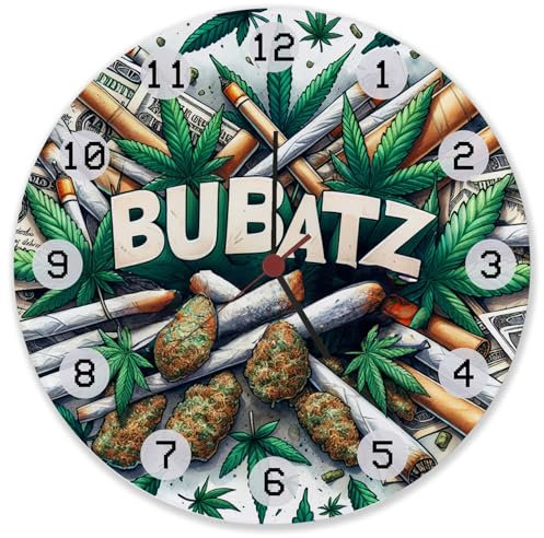 speecheese Marihuana Kiffer Wanduhr aus Glas mit Spruch Bubatz im Design mit grünen Cannabis Blättern und Joints für die Rauchpause auf der Bank