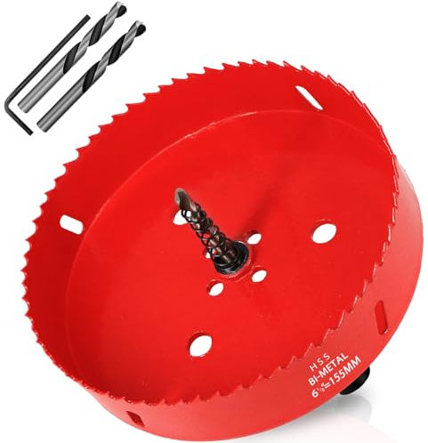 KACNON Seghe a Tazza Bi-Metallica 155 mm, M42 HSS Sega A Tazza Trapano, con Adattatore Esagonale e Punta di Centraggio, per Forare Plastica, PVC, Legno, Fibra di Legno, Metallo Dolce, Rosso