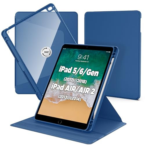 CACOE Coque Rotatif pour iPad 9.7 2017 2018 / iPad Air/iPad Air 2 avec Pen Porte-Stylet, Étui de Protection Rotatif à 360 Degrés Acrylique, Bordure Arrière Transparente Antichoc - Bleu de mer