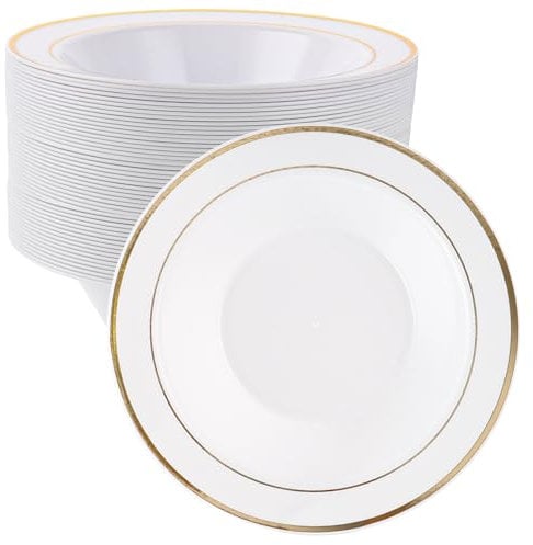 APACALI Pack of 40 Plastic Bowls with Gold Rim, White Plastic Plates Reusable with Gold Rim, 18 cm Plastic Plates, Reusable Party Plates, Gold for Weddings, Parties, Birthdays
