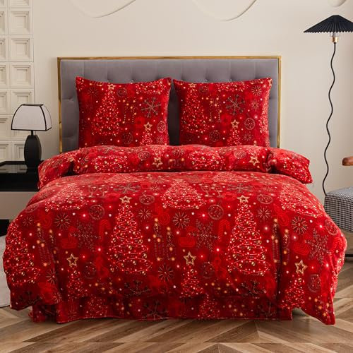 Bettwäsche 135x200 Rot Weihnachtsmotive Winter Warme Bettbezug-Set mit Kissenbezug 2teilig mit Reißveschluss Kuschelige Plüsch Fleece Kuschelbettwäsche