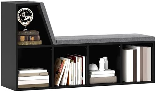 HOMCOM Bibliothèque Banc 2 en 1 avec 5 Compartiments de Rangement et 2 Coussins étagère de Rangement Livres 108 x 30 x 60 cm Noir Gris