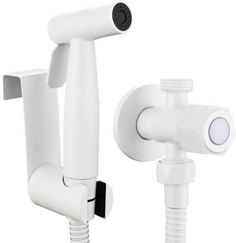 Tecmolog Grifo de Bidet Blanco Ducha WC Higienico Completo Acero Inoxidable con Manguera y Soporte para Baño, WS024WF2