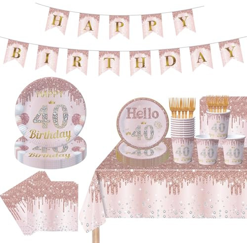 Happy 40th Birthday Party Decorations for Women Rose Gold 40th Birthday Plates Napkins Banner Party Supplies for Women Birthday Party Decorations Serve 24 (40th)