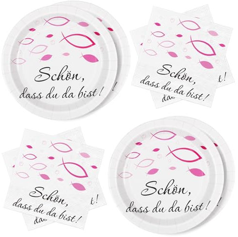 WenmthG 40 Stück Kommunion Deko Servietten und Pappteller Fisch Rosa, Tischdeko für Taufe, Kommunion, Konfirmation und mehr. Ideal für Mädchen mit Spruch Schön dass du da bist