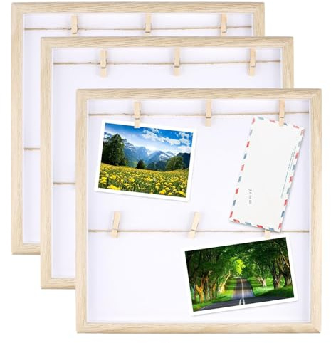 CHUIFAI 3 Stück 30 x 30 cm Bilderrahmen mit Schnur und Klammern, DIY Fotocollage Rahmen Holz, Polaroid Wand Bilderrahmen Fotowand mit Klammern für Polaroid Bilder