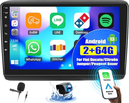 OiLiehu 2+64G Android 13 Autoradio pour Citroën Jumper 2/Peugeot Boxer 2/Fiat Ducato avec CarPlay Android Auto sans Fil, 9“ Écran Tactile avec GPS WiFi Bluetooth Lien Miroir FM RDS EQ Caméra Arrière