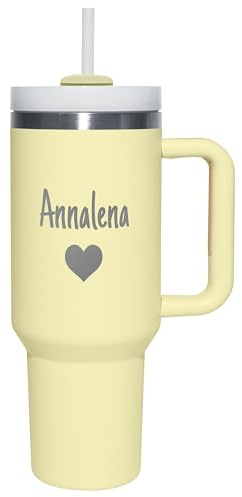 Thermobecher personalisiert „Wunschname“ mit Gravur & wählbarem Symbol - Trinkbecher mit Deckel und Strohhalm 1,2 l / 40 oz - Geschenk Geburtstag Weihnachten - Farbe Creme