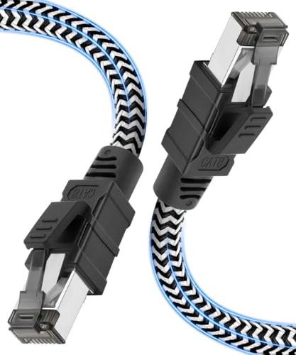 Cat 8 Câble Ethernet 20M, RJ45 Cable Haute Vitesse Réseau 40Gbps 2000MHz, Nylon Tressé Double Blindage STP LAN Câble Internet, Compatible avec Routeur Modem TV Box PC PS4/5