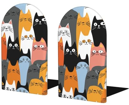Serre-livres en bois pour étagères, chats amusants et colorés, style dessin animé, antidérapant, serre-livres en bois robuste pour l'organisation et l'affichage d'étagères