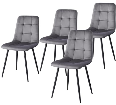 JZGORC Lot de 4 Chaises de Salle à Manger Nordiques, Chaise de Cuisine en Velours Hollandais, Pieds en Métal Noir, Assise et Dossier en Éponge Haute Densité, Convient pour Salon, Cuisine - Gris Foncé