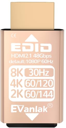 EVanlak Adaptateur d'émulateur HDMI EDID factice, affichage virtuel sans tête, passe-câble HDMI 1080p @ 60 Hz à 8K @ 30 Hz, bidirectionnel, doré – 1 paquet