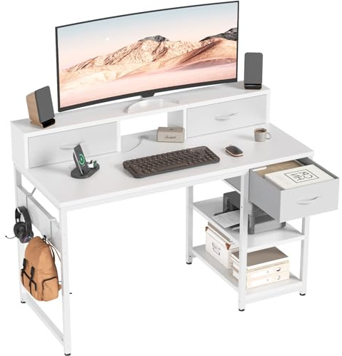 Devoko Scrivania 120x50 cm Bianco con Cassetti e Ripiano | Scrivania reversibile con supporto monitor, foro cavi e 2 ripiani. Pratica e resistente per ufficio.