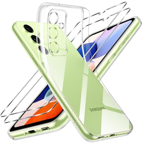 Vauki Klar Hülle für Samsung Galaxy A14 4G/5G, 1 Handyhülle mit 2 Stück Panzer Schutz Glas, Weiche TPU Transparent Silikon Case, Militärischer Schutz Stoßfest Schutzhülle Dünn Durchsichtige Cover